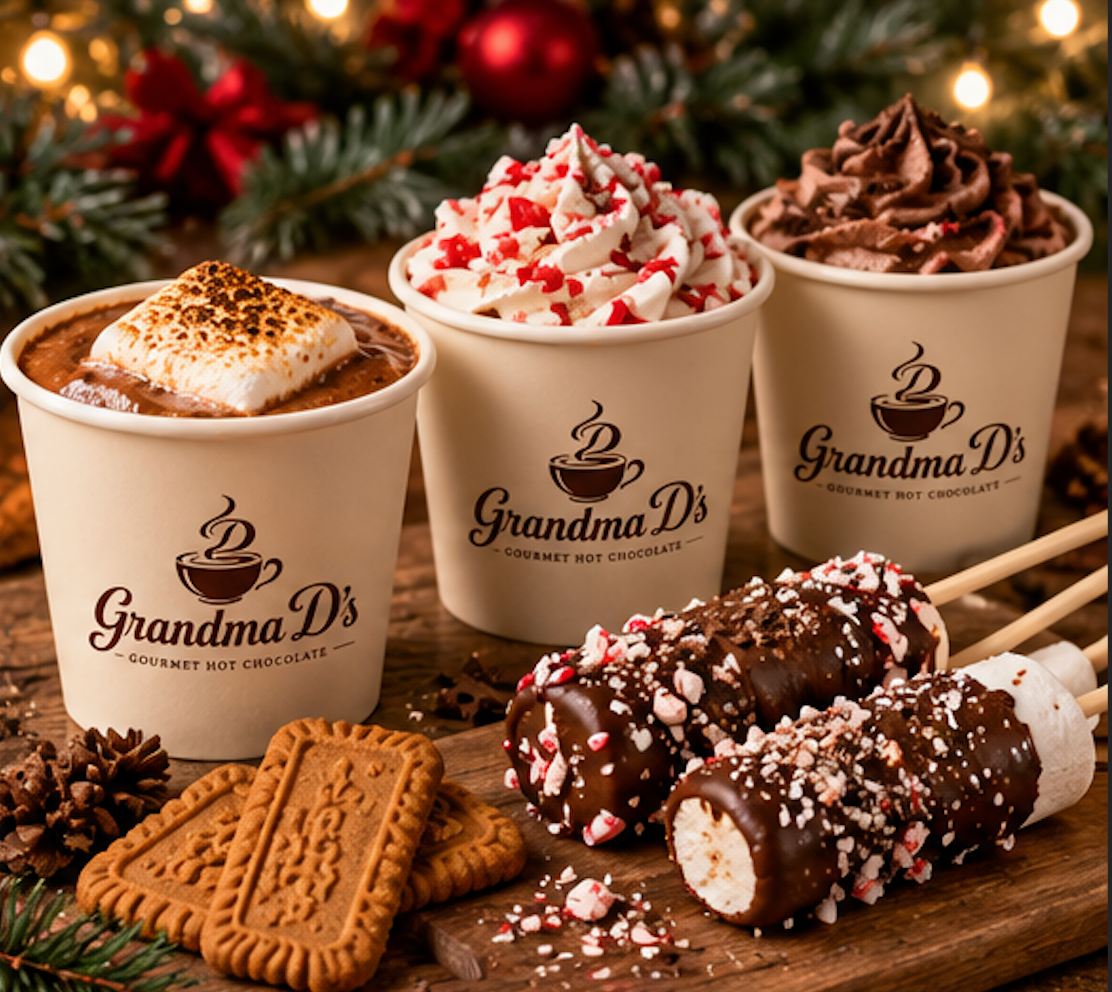 Grandma D's signature hot chocolates and marshmallow wands — the full product lineup